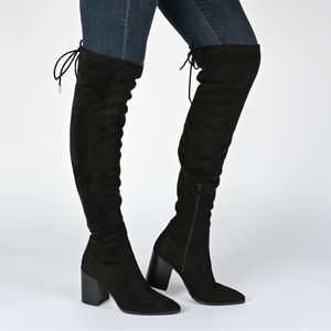 Black Faux Suede Over The Knee Lace Up Heeled Boots Winter Fall Shoes
